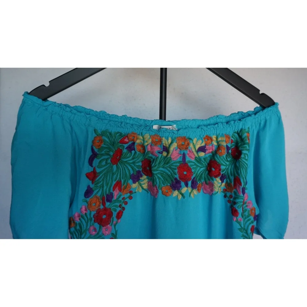 Jodifl Turquoise Floral Embroidered Off Shoulder Mini Dress B1769 Teal Blue L